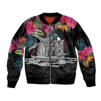 Personalised Hawaii Sleeve Zip Bomber Jacket Humpback Whale Tattoo With Tropical Flowers Black