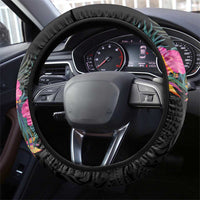 Hawaii Steering Wheel Cover Humpback Whale Tattoo With Tropical Flowers Black