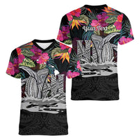 Personalised Hawaii Women V-Neck T-Shirt Humpback Whale Tattoo With Tropical Flowers Black LT14 - Polynesian Pride