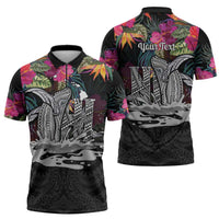 Personalised Hawaii Zipper Polo Shirt Humpback Whale Tattoo With Tropical Flowers Black