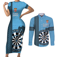 Personalised Fiji Darts Couples Matching Short Sleeve Bodycon Dress and Long Sleeve Button Shirt Fijian Tapa Pattern - Blue LT14 Blue - Polynesian Pride
