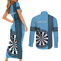Personalised Fiji Darts Couples Matching Short Sleeve Bodycon Dress and Long Sleeve Button Shirt Fijian Tapa Pattern - Blue LT14 - Polynesian Pride