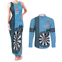 Personalised Fiji Darts Couples Matching Tank Maxi Dress and Long Sleeve Button Shirt Fijian Tapa Pattern - Blue LT14 Blue - Polynesian Pride