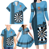 Personalised Fiji Darts Family Matching Long Sleeve Bodycon Dress and Hawaiian Shirt Fijian Tapa Pattern - Blue LT14 - Polynesian Pride