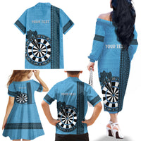 Personalised Fiji Darts Family Matching Off The Shoulder Long Sleeve Dress and Hawaiian Shirt Fijian Tapa Pattern - Blue LT14 - Polynesian Pride