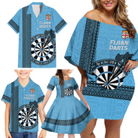 Personalised Fiji Darts Family Matching Off Shoulder Short Dress and Hawaiian Shirt Fijian Tapa Pattern - Blue LT14 - Polynesian Pride
