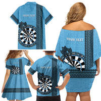 Personalised Fiji Darts Family Matching Off Shoulder Short Dress and Hawaiian Shirt Fijian Tapa Pattern - Blue LT14 - Polynesian Pride
