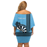 Personalised Fiji Darts Family Matching Off Shoulder Short Dress and Hawaiian Shirt Fijian Tapa Pattern - Blue LT14 - Polynesian Pride