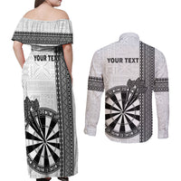 Personalised Fiji Darts Couples Matching Off Shoulder Maxi Dress and Long Sleeve Button Shirt Fijian Tapa Pattern - White LT14 - Polynesian Pride