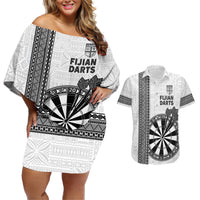 Personalised Fiji Darts Couples Matching Off Shoulder Short Dress and Hawaiian Shirt Fijian Tapa Pattern - White LT14 White - Polynesian Pride