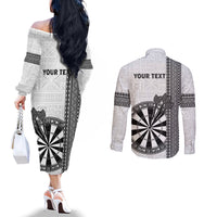 Personalised Fiji Darts Couples Matching Off The Shoulder Long Sleeve Dress and Long Sleeve Button Shirt Fijian Tapa Pattern - White LT14 - Polynesian Pride