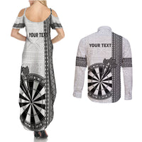 Personalised Fiji Darts Couples Matching Summer Maxi Dress and Long Sleeve Button Shirt Fijian Tapa Pattern - White LT14 - Polynesian Pride