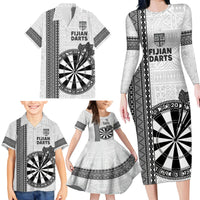 Personalised Fiji Darts Family Matching Long Sleeve Bodycon Dress and Hawaiian Shirt Fijian Tapa Pattern - White LT14 - Polynesian Pride