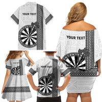 Personalised Fiji Darts Family Matching Off Shoulder Short Dress and Hawaiian Shirt Fijian Tapa Pattern - White LT14 - Polynesian Pride