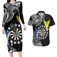 Personalised Cook Islands Darts Couples Matching Long Sleeve Bodycon Dress and Hawaiian Shirt Kuki Airani Tribal Pattern LT14 Black - Polynesian Pride
