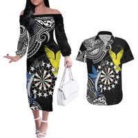 Personalised Cook Islands Darts Couples Matching Off The Shoulder Long Sleeve Dress and Hawaiian Shirt Kuki Airani Tribal Pattern LT14 Black - Polynesian Pride
