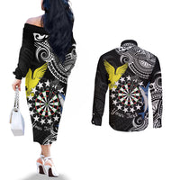 Personalised Cook Islands Darts Couples Matching Off The Shoulder Long Sleeve Dress and Long Sleeve Button Shirt Kuki Airani Tribal Pattern LT14 - Polynesian Pride