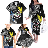 Personalised Cook Islands Darts Family Matching Off The Shoulder Long Sleeve Dress and Hawaiian Shirt Kuki Airani Tribal Pattern LT14 - Polynesian Pride