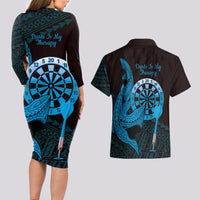Aloha Hawaii Darts Couples Matching Long Sleeve Bodycon Dress and Hawaiian Shirt Dart Board With Polynesian Shark - Blue LT14 - Polynesian Pride