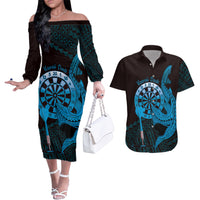 Aloha Hawaii Darts Couples Matching Off The Shoulder Long Sleeve Dress and Hawaiian Shirt Dart Board With Polynesian Shark - Blue LT14 Blue - Polynesian Pride
