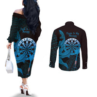 Aloha Hawaii Darts Couples Matching Off The Shoulder Long Sleeve Dress and Long Sleeve Button Shirt Dart Board With Polynesian Shark - Blue LT14 - Polynesian Pride