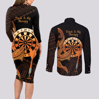 Aloha Hawaii Darts Couples Matching Long Sleeve Bodycon Dress and Long Sleeve Button Shirt Dart Board With Polynesian Shark - Gold LT14 - Polynesian Pride