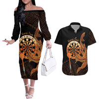 Aloha Hawaii Darts Couples Matching Off The Shoulder Long Sleeve Dress and Hawaiian Shirt Dart Board With Polynesian Shark - Gold LT14 Gold - Polynesian Pride