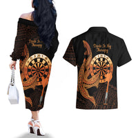 Aloha Hawaii Darts Couples Matching Off The Shoulder Long Sleeve Dress and Hawaiian Shirt Dart Board With Polynesian Shark - Gold LT14 - Polynesian Pride