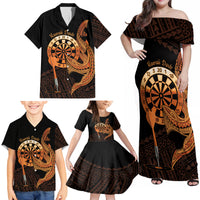 Aloha Hawaii Darts Family Matching Off Shoulder Maxi Dress and Hawaiian Shirt Dart Board With Polynesian Shark - Gold LT14 - Polynesian Pride