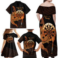 Aloha Hawaii Darts Family Matching Off Shoulder Maxi Dress and Hawaiian Shirt Dart Board With Polynesian Shark - Gold LT14 - Polynesian Pride