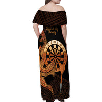 Aloha Hawaii Darts Family Matching Off Shoulder Maxi Dress and Hawaiian Shirt Dart Board With Polynesian Shark - Gold LT14 - Polynesian Pride
