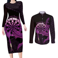 Aloha Hawaii Darts Couples Matching Long Sleeve Bodycon Dress and Long Sleeve Button Shirt Dart Board With Polynesian Shark - Purple LT14 Purple - Polynesian Pride