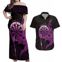 Aloha Hawaii Darts Couples Matching Off Shoulder Maxi Dress and Hawaiian Shirt Dart Board With Polynesian Shark - Purple LT14 Purple - Polynesian Pride