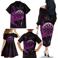 Aloha Hawaii Darts Family Matching Off The Shoulder Long Sleeve Dress and Hawaiian Shirt Dart Board With Polynesian Shark - Purple LT14 - Polynesian Pride