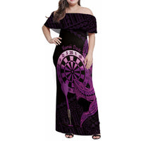 Aloha Hawaii Darts Family Matching Off Shoulder Maxi Dress and Hawaiian Shirt Dart Board With Polynesian Shark - Purple LT14 Mom's Dress Purple - Polynesian Pride