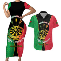 Personalised Vanuatu Darts Couples Matching Short Sleeve Bodycon Dress and Hawaiian Shirt Happiness Is A Tight Threesome Sand Drawing Art LT14 Red - Polynesian Pride