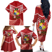 Tonga Darts Family Matching Off The Shoulder Long Sleeve Dress and Hawaiian Shirt Tongan Ngatu Pattern LT14 - Polynesian Pride