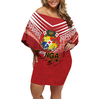 Tonga Darts Family Matching Off Shoulder Short Dress and Hawaiian Shirt Tongan Ngatu Pattern LT14 Mom's Dress Red - Polynesian Pride