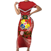 Tonga Darts Family Matching Short Sleeve Bodycon Dress and Hawaiian Shirt Tongan Ngatu Pattern LT14 Mom's Dress Red - Polynesian Pride