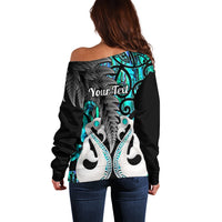 Personalised New Zealand Off Shoulder Sweater Te Manaia Mangopare Maori And Fern Turquoise Style LT14 - Polynesian Pride