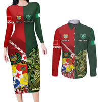 Custom Tonga And Ireland Rugby Couples Matching Long Sleeve Bodycon Dress and Long Sleeve Button Shirt Ikale Tahi With Shamrocks LT14 Red - Polynesian Pride