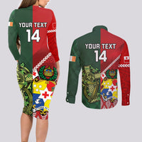 Custom Tonga And Ireland Rugby Couples Matching Long Sleeve Bodycon Dress and Long Sleeve Button Shirt Ikale Tahi With Shamrocks LT14 - Polynesian Pride