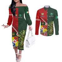 Custom Tonga And Ireland Rugby Couples Matching Off The Shoulder Long Sleeve Dress and Long Sleeve Button Shirt Ikale Tahi With Shamrocks LT14 Red - Polynesian Pride
