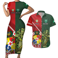 Custom Tonga And Ireland Rugby Couples Matching Short Sleeve Bodycon Dress and Hawaiian Shirt Ikale Tahi With Shamrocks LT14 Red - Polynesian Pride