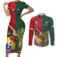 Custom Tonga And Ireland Rugby Couples Matching Short Sleeve Bodycon Dress and Long Sleeve Button Shirt Ikale Tahi With Shamrocks LT14 Red - Polynesian Pride