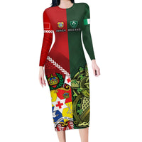 Custom Tonga And Ireland Rugby Family Matching Long Sleeve Bodycon Dress and Hawaiian Shirt Ikale Tahi With Shamrocks LT14 Mom's Dress Red - Polynesian Pride
