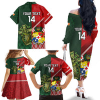 Custom Tonga And Ireland Rugby Family Matching Off The Shoulder Long Sleeve Dress and Hawaiian Shirt Ikale Tahi With Shamrocks LT14 - Polynesian Pride
