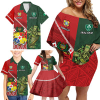 Custom Tonga And Ireland Rugby Family Matching Off Shoulder Short Dress and Hawaiian Shirt Ikale Tahi With Shamrocks LT14 - Polynesian Pride