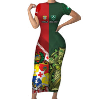 Custom Tonga And Ireland Rugby Family Matching Short Sleeve Bodycon Dress and Hawaiian Shirt Ikale Tahi With Shamrocks LT14 Mom's Dress Red - Polynesian Pride