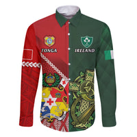 Custom Tonga And Ireland Rugby Family Matching Summer Maxi Dress and Hawaiian Shirt Ikale Tahi With Shamrocks LT14 Dad's Shirt - Long Sleeve Red - Polynesian Pride
